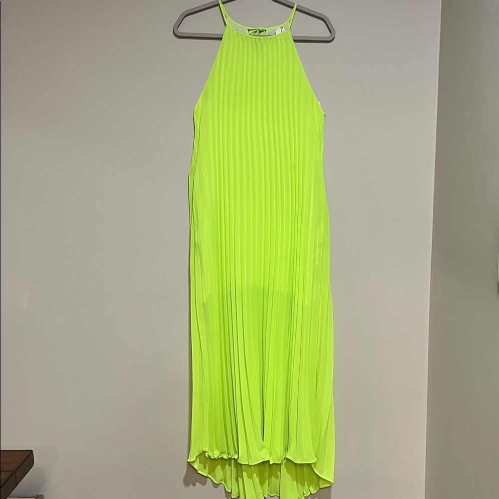 Line & Dot | Neon green pleated maxi dress halter Womens size M sheer summer